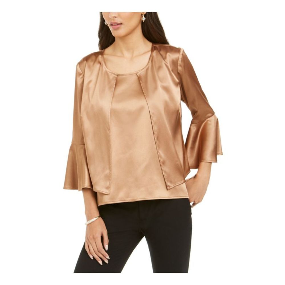28th & Park Womens Brown 3/4 Sleeve Jewel Neck Blouse Size: 10
